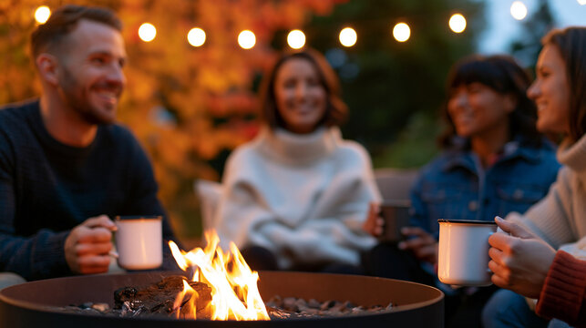 Friends sitting around a fire pit at an outdoor gathering