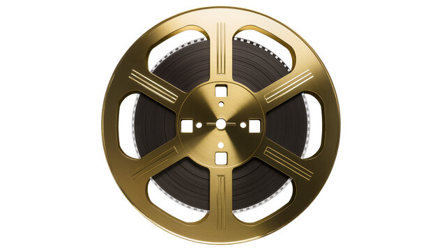 Golden film reel with dark movie tape