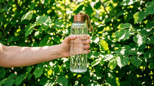 Person holding clear water bottle with copper lid in front of lush green leaves