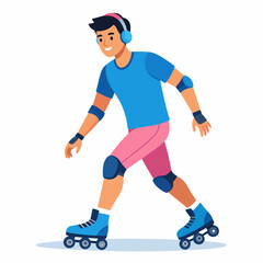 Obraz premium Happy young man roller skating with headphones and protective gear.