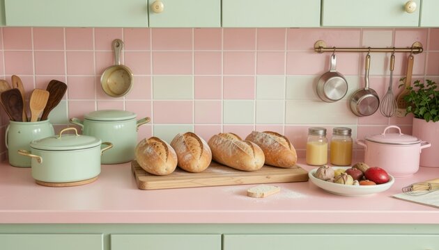 Retro kitchen breadboard with croissants and cookware on pastel tiled kitchen wall