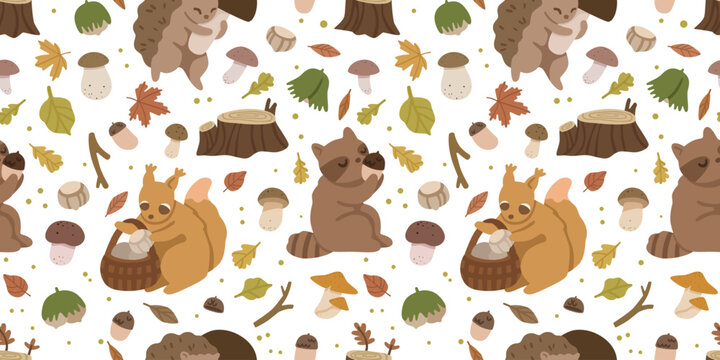 Seamless autumn woodland pattern with cute raccoon, squirrel, hedgehog, mushrooms, acorns and leaves. Cozy forest background for nursery, fabric and seasonal projects. Flat vector illustration.