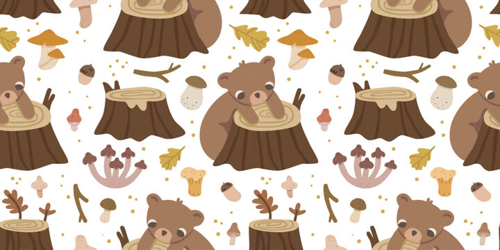 Seamless autumn forest pattern with cute bear, tree stumps, mushrooms, acorns, leaves and branches. Cozy woodland background for nursery, fabric and seasonal designs. Flat vector illustration.