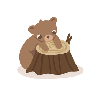 Cute brown bear resting on a tree stump in a forest setting. Adorable woodland animal character for nursery, children, seasonal and nature themed designs. Flat vector illustration.