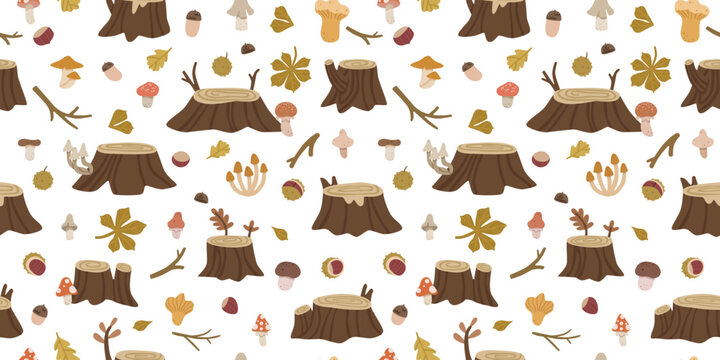 Seamless autumn woodland pattern with tree stumps, mushrooms, acorns, chestnuts, leaves and branches. Cozy forest background for fabric, textile and seasonal projects. Flat vector illustration.