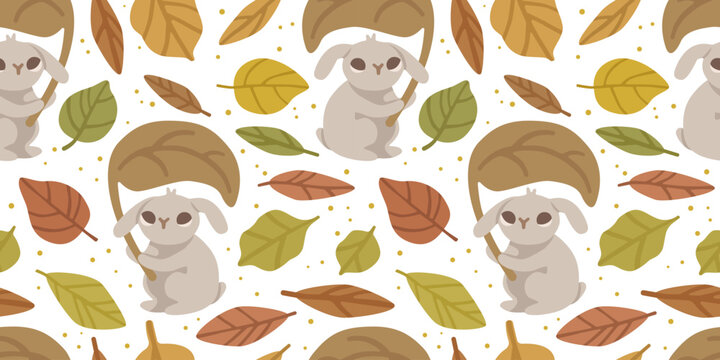 Seamless autumn pattern with cute bunny holding a leaf umbrella surrounded by colorful foliage. Cozy woodland background for nursery, fabric and seasonal projects. Flat vector illustration.