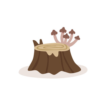Tree stump with small forest mushrooms growing beside it. Woodland nature element for autumn, botanical and seasonal designs. Isolated flat vector illustration on background.