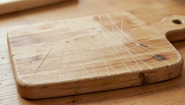 Retro kitchen breadboard with carved grooves on pale counter and gentle morning light