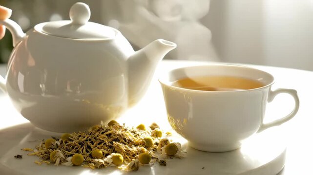 Pouring hot herbal chamomile tea from a white teapot into a cup. Steaming organic infusion with dried flowers on a table. Natural detox and health concept