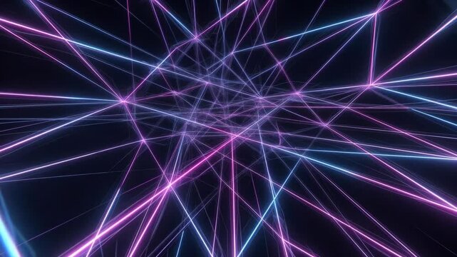 Purple glowing lines forming an abstract geometric web in a digital style on a dark background, symbolizing connection
