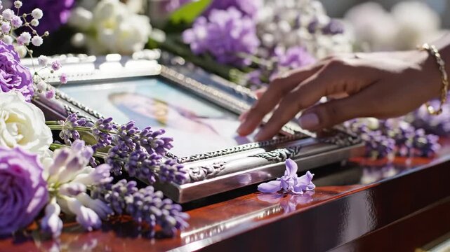 Woman's hand tenderly touching a framed photograph at a funeral. Ornate silver frame surrounded by purple lavender and white roses. Memorial service concept