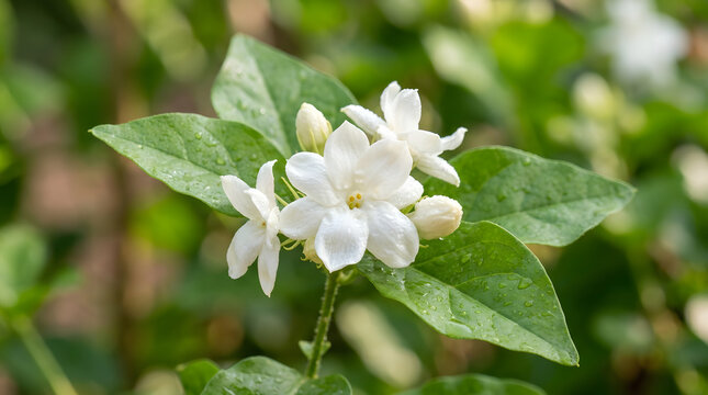 Beautiful white jasmine flowers blooming with water drops on green leaves, fresh jasminum sambac bush close up, elegant aromatic botanical background