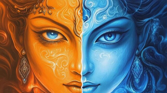 Artistic split face portrait representing fire and ice. Woman with orange and blue elemental patterns and piercing blue eyes. Duality and balance concept