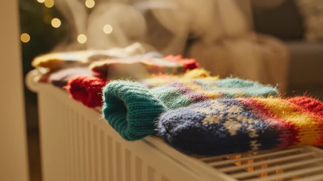 Colorful wool socks drying on a radiator with steam rising. Cozy indoor winter scene with festive bokeh lights. Home heating and comfort concept