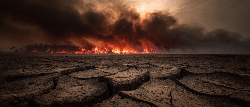 Apokalyptische Landschaft durch das El Ni&ntilde;o-Ph&auml;nomen: Rissige, trockene Erde und ein verheerender Waldbrand. Konzept f&uuml;r Klimawandel. KI-generiert