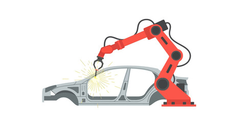 Naklejka premium Robotic arm welding car chassis, industrial automation, manufacturing process