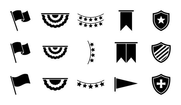 Patriotic celebration icons set, black bunting and flag vector elements, 15 festive shield and star symbols for national holidays