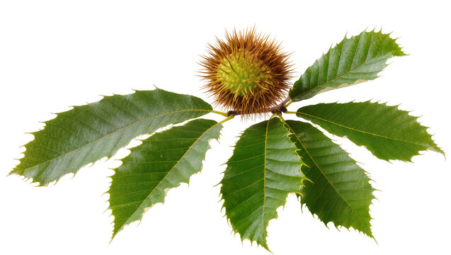 Spiky green chestnut burr with serrated leaves on branch