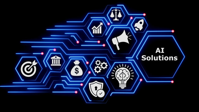 Ai solutions graphic featuring blue neon circuits and business.