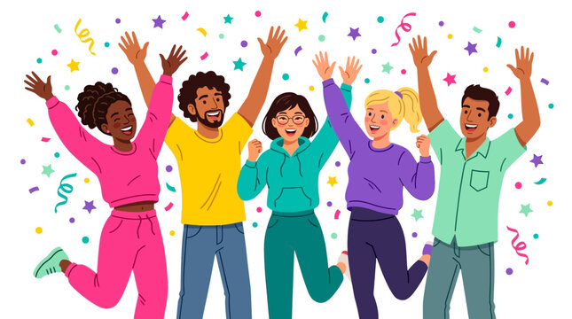 Friends celebrating a joyous occasion with arms held high and colorful confetti raining down on a white backdrop.