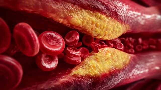 Blocked artery cholesterol plaque restricting red blood cells flow, dangerous atherosclerosis medical disease and cardiovascular heart risk concept, microscopic 3D animation