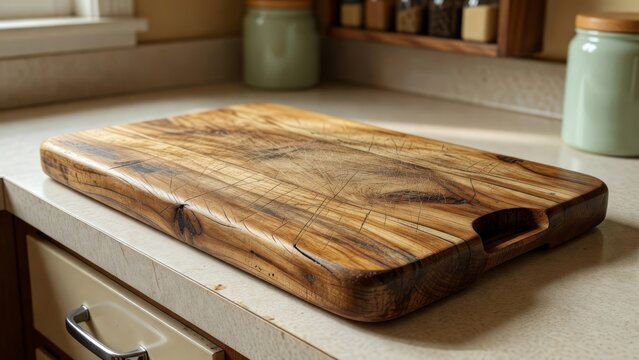 Retro kitchen breadboard on counter with rounded handle and aged cutting surface