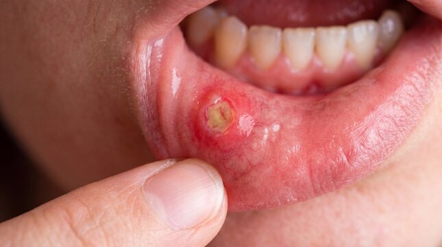 Close-up of a painful canker sore on the inside of a persons lip with visible inflammation and yellow center.