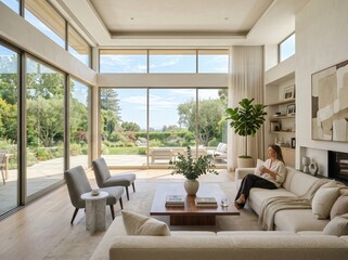 Fototapeta premium Modern bright living room with large windows and serene outdoor views in cozy home setting