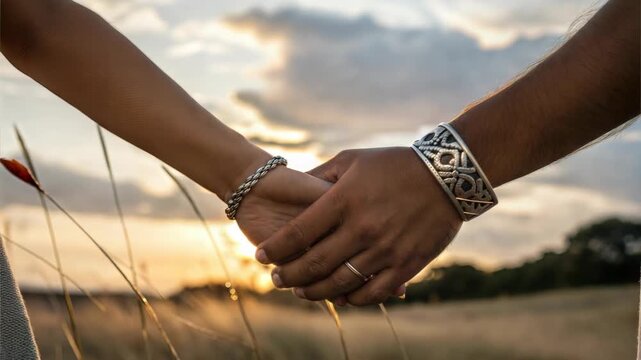 Close-up of a couple holding hands at sunset in a field. Romantic connection with silver bracelets and golden hour lighting. Love and partnership concept
