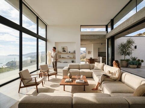 Modern living room with panoramic views and cozy ambiance in a contemporary home