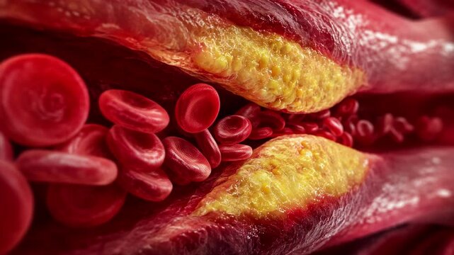 Blocked artery cholesterol plaque restricting red blood cells flow, dangerous atherosclerosis medical disease and cardiovascular heart risk concept, microscopic 3D animation