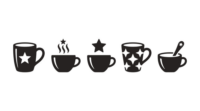 Set of five different coffee mug and tea cup icons.