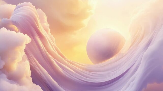 Abstract flowing clouds with a glowing sphere. Ethereal celestial landscape in pastel colors. Dreamlike digital animation background