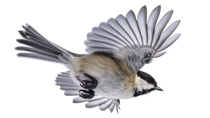 Black-capped chickadee bird in flight with wings spread © Lisa