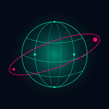 Abstract digital globe wireframe with pink orbital ring representing global connectivity and satellite communication technology.