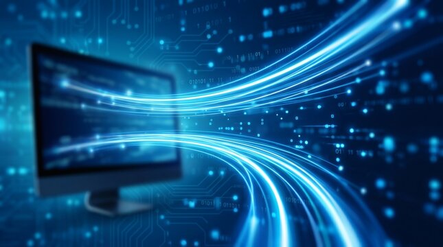 Digital data stream flowing from computer screen into futuristic blue light tunnel.