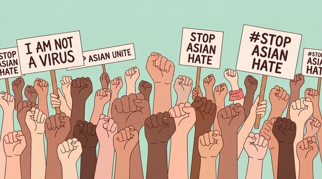 Diverse group of people raising fists and holding protest signs against anti-Asian hate and discrimination.
