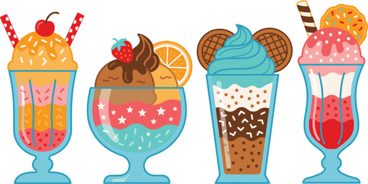 Colorful ice cream sundae collection set, sweet dessert vector illustration isolated design