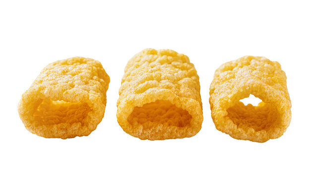 Three crunchy corn puff snacks with hollow centers