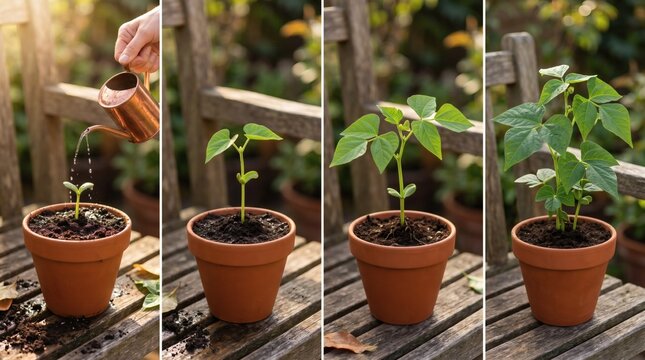 Four Stages of Plant Growth From Seedling to Mature Plant in Pot.