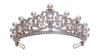 Ornate pearl and diamond tiara with blue gemstone © Niklas