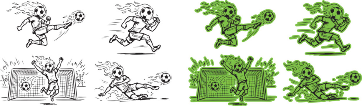 Dynamic soccer action poses featuring players dribbling kicking and scoring goals football dribbling athletes movement competition training exercise illustration tournament championship