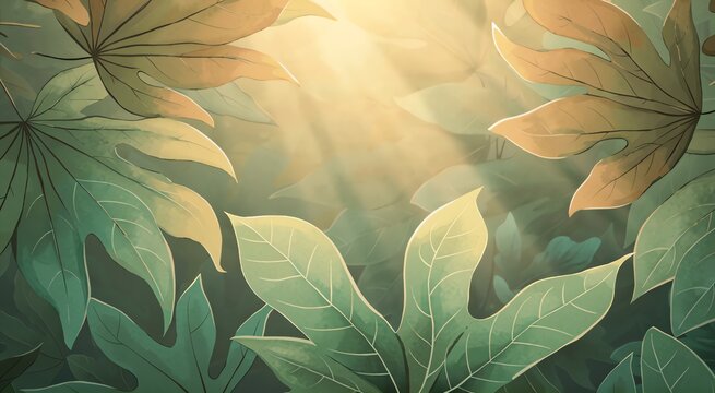 Sunlit Green Leaves in Warm Forest Light