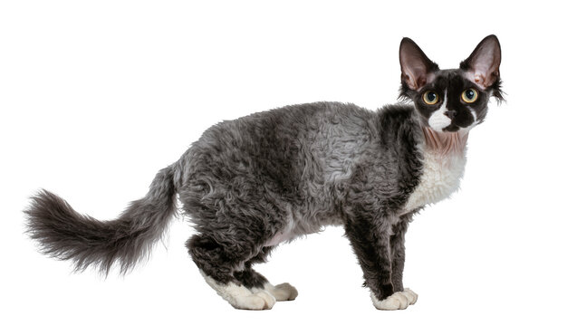 Devon Rex cat with curly grey and white fur