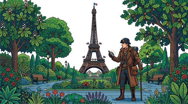 Vintage Traveler Pointing Towards Eiffel Tower in Paris Park Vector Illustration character explorer tourist hand gesture geometric flat design artwork
