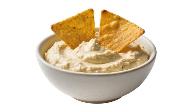 Creamy hummus dip with corn tortilla chips in white bowl