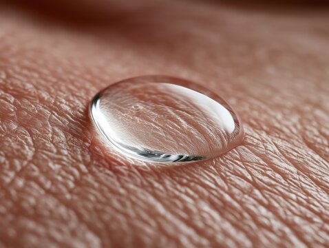 Macro shot of single peptide serum drop resting on detailed skin texture. Deep hydration and anti-aging dermatology skincare absorption concept.