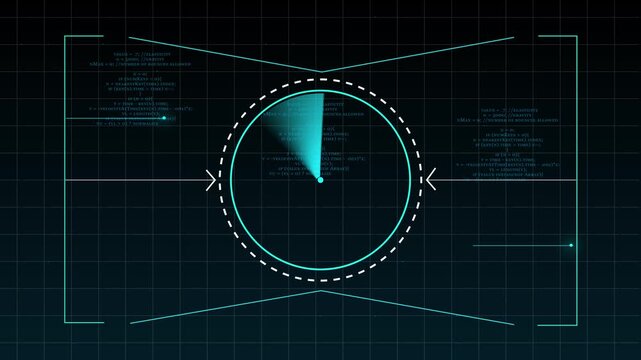 Futuristic HUD display with programming code and circles. Tech futuristic HUD display with programming code for cyber security matrix logs. Advanced HUD tracking screen.