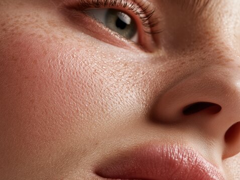 Extreme close-up of youthful eye and cheek skin with fine texture detail. Natural peptide anti-aging dermatology skincare results and healthy glow.