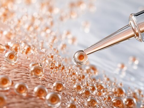 Dropper applying peptide serum with golden bubbles on skin surface. Luxury anti-aging dermatology skincare treatment and deep hydration concept.
